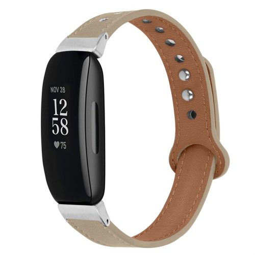 For Fitbit Inspire / Inspire HR / Inspire 2 / Ace 2 Genuine Cowhide Leather Watch Band Strap with Double Snap Button, Silver Connector - Milk Tea Brown