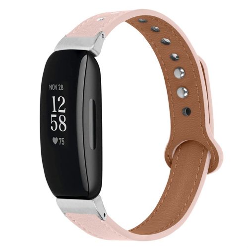 For Fitbit Inspire / Inspire HR / Inspire 2 / Ace 2 Genuine Cowhide Leather Watch Band Strap with Double Snap Button, Silver Connector - Light Pink