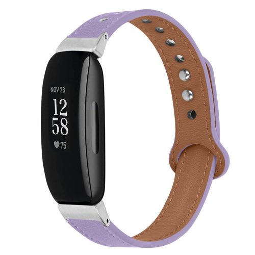 For Fitbit Inspire / Inspire HR / Inspire 2 / Ace 2 Genuine Cowhide Leather Watch Band Strap with Double Snap Button, Silver Connector - Light Purple