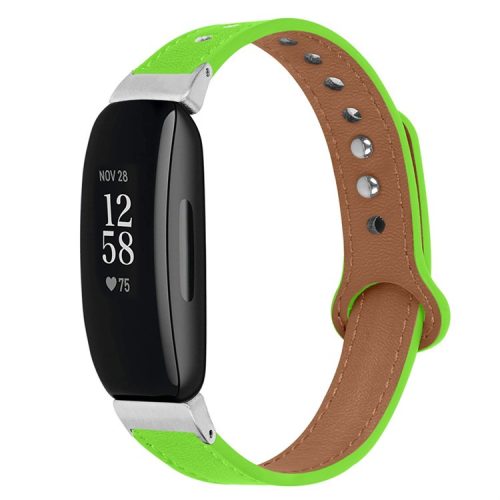 For Fitbit Inspire / Inspire HR / Inspire 2 / Ace 2 Genuine Cowhide Leather Watch Band Strap with Double Snap Button, Silver Connector - Fluorescent Green