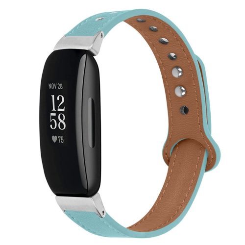 For Fitbit Inspire / Inspire HR / Inspire 2 / Ace 2 Genuine Cowhide Leather Watch Band Strap with Double Snap Button, Silver Connector - Baby Blue