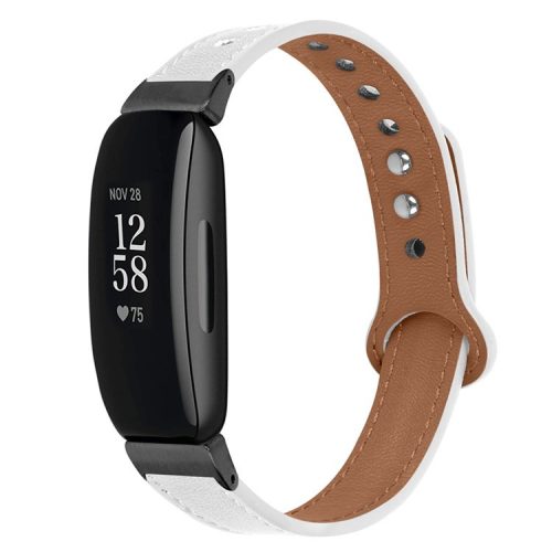 For Fitbit Inspire / Inspire HR / Inspire 2 / Ace 2 Genuine Cowhide Leather Watch Band Double Snap Button Wrist Strap Replacement, Black Connector - White