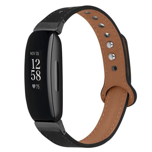 For Fitbit Inspire / Inspire HR / Inspire 2 / Ace 2 Genuine Cowhide Leather Watch Band Double Snap Button Wrist Strap Replacement, Black Connector - Black