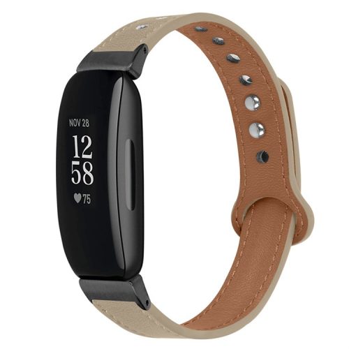 For Fitbit Inspire / Inspire HR / Inspire 2 / Ace 2 Genuine Cowhide Leather Watch Band Double Snap Button Wrist Strap Replacement, Black Connector - Milk Tea Brown