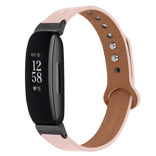 For Fitbit Inspire / Inspire HR / Inspire 2 / Ace 2 Genuine Cowhide Leather Watch Band Double Snap Button Wrist Strap Replacement, Black Connector - Light Pink