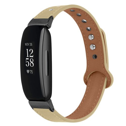 For Fitbit Inspire / Inspire HR / Inspire 2 / Ace 2 Genuine Cowhide Leather Watch Band Double Snap Button Wrist Strap Replacement, Black Connector - Light Apricot