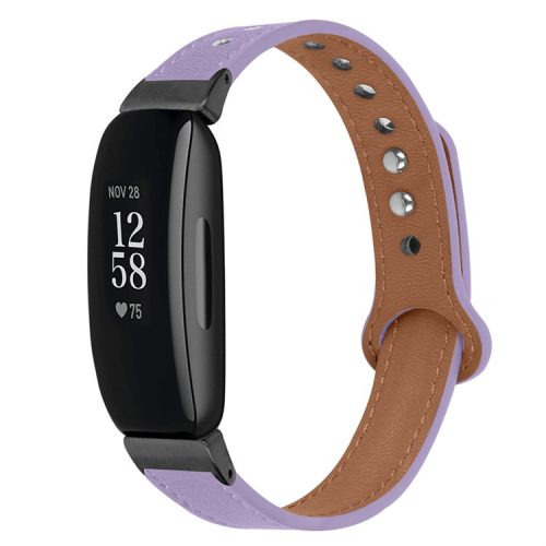 For Fitbit Inspire / Inspire HR / Inspire 2 / Ace 2 Genuine Cowhide Leather Watch Band Double Snap Button Wrist Strap Replacement, Black Connector - Light Purple