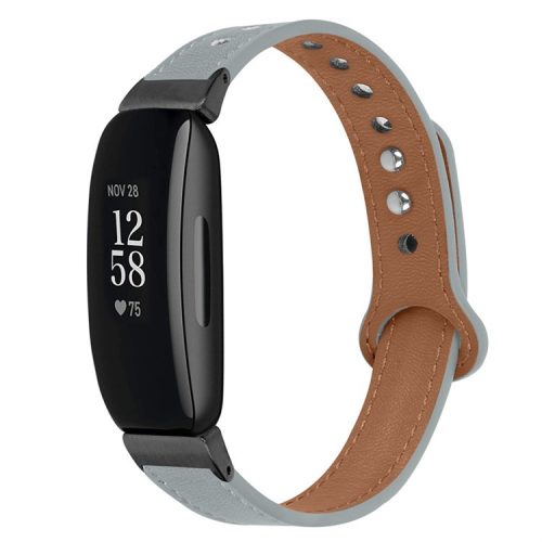 For Fitbit Inspire / Inspire HR / Inspire 2 / Ace 2 Genuine Cowhide Leather Watch Band Double Snap Button Wrist Strap Replacement, Black Connector - Elephant Grey