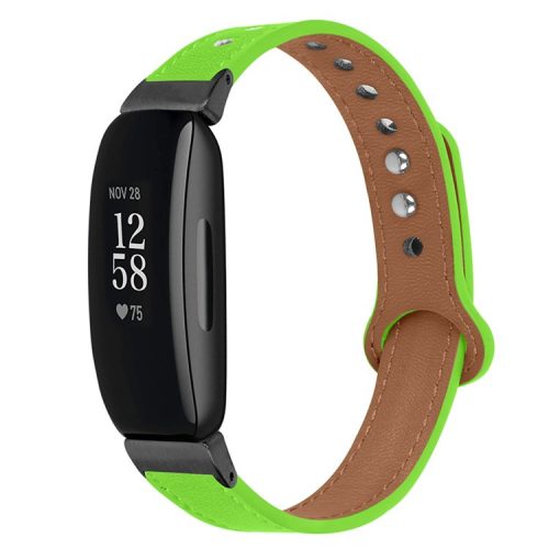 For Fitbit Inspire / Inspire HR / Inspire 2 / Ace 2 Genuine Cowhide Leather Watch Band Double Snap Button Wrist Strap Replacement, Black Connector - Fluorescent Green