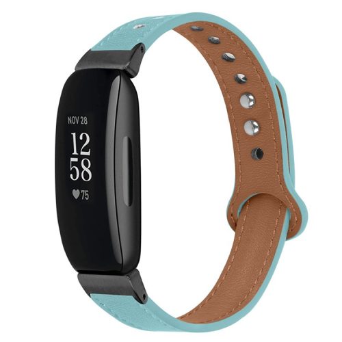 For Fitbit Inspire / Inspire HR / Inspire 2 / Ace 2 Genuine Cowhide Leather Watch Band Double Snap Button Wrist Strap Replacement, Black Connector - Baby Blue