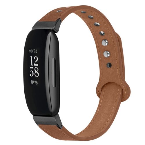 For Fitbit Inspire / Inspire HR / Inspire 2 / Ace 2 Genuine Cowhide Leather Watch Band Double Snap Button Wrist Strap Replacement, Black Connector - Brown