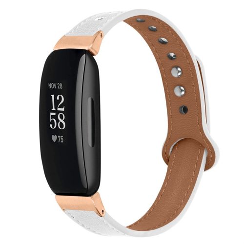 For Fitbit Inspire / Inspire HR / Inspire 2 / Ace 2 Double Snap Button Watch Strap Genuine Cowhide Leather Wrist Band, Rose Gold Connector - White