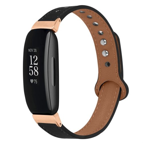 For Fitbit Inspire / Inspire HR / Inspire 2 / Ace 2 Double Snap Button Watch Strap Genuine Cowhide Leather Wrist Band, Rose Gold Connector - Black