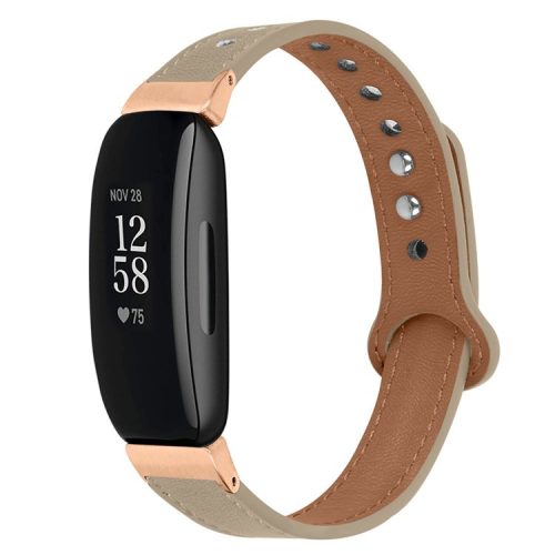 For Fitbit Inspire / Inspire HR / Inspire 2 / Ace 2 Double Snap Button Watch Strap Genuine Cowhide Leather Wrist Band, Rose Gold Connector - Milk Tea Brown