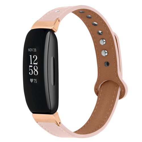 For Fitbit Inspire / Inspire HR / Inspire 2 / Ace 2 Double Snap Button Watch Strap Genuine Cowhide Leather Wrist Band, Rose Gold Connector - Light Pink