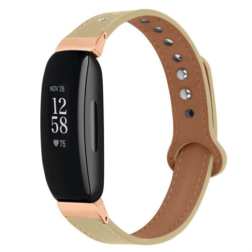 For Fitbit Inspire / Inspire HR / Inspire 2 / Ace 2 Double Snap Button Watch Strap Genuine Cowhide Leather Wrist Band, Rose Gold Connector - Light Apricot