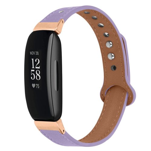 For Fitbit Inspire / Inspire HR / Inspire 2 / Ace 2 Double Snap Button Watch Strap Genuine Cowhide Leather Wrist Band, Rose Gold Connector - Light Purple