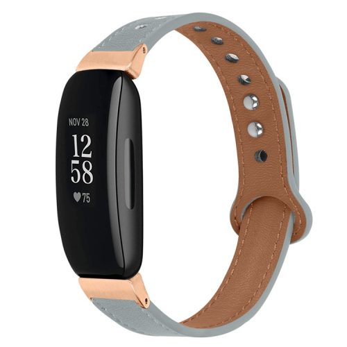 For Fitbit Inspire / Inspire HR / Inspire 2 / Ace 2 Double Snap Button Watch Strap Genuine Cowhide Leather Wrist Band, Rose Gold Connector - Elephant Grey