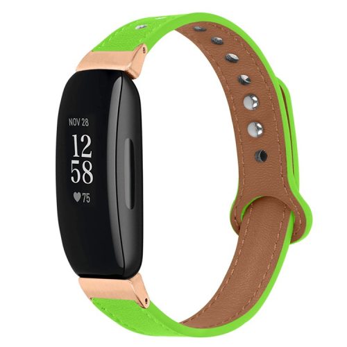 For Fitbit Inspire / Inspire HR / Inspire 2 / Ace 2 Double Snap Button Watch Strap Genuine Cowhide Leather Wrist Band, Rose Gold Connector - Fluorescent Green