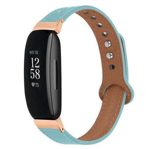 For Fitbit Inspire / Inspire HR / Inspire 2 / Ace 2 Double Snap Button Watch Strap Genuine Cowhide Leather Wrist Band, Rose Gold Connector - Baby Blue