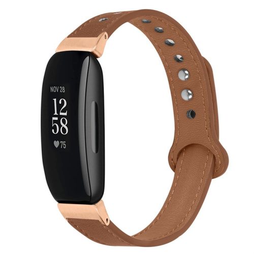 For Fitbit Inspire / Inspire HR / Inspire 2 / Ace 2 Double Snap Button Watch Strap Genuine Cowhide Leather Wrist Band, Rose Gold Connector - Brown