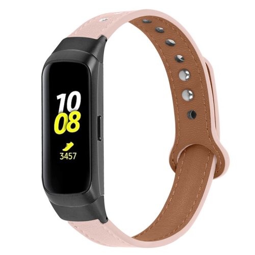 For Samsung Galaxy Fit SM-R370 Soft Top Layer Cowhide Watch Strap Double Rivet Design Wrist Band, Black Connector - Light Pink