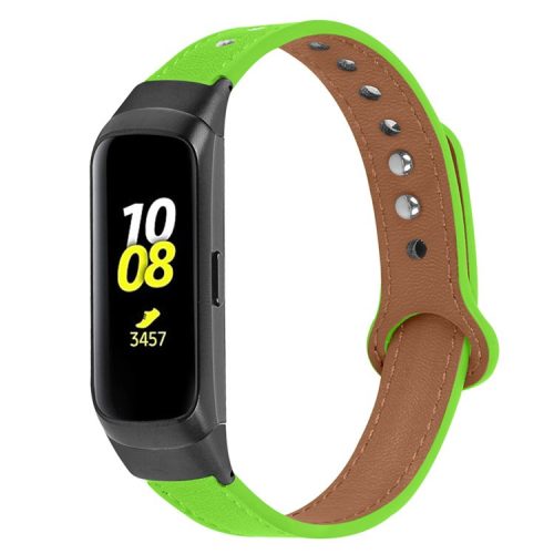 For Samsung Galaxy Fit SM-R370 Soft Top Layer Cowhide Watch Strap Double Rivet Design Wrist Band, Black Connector - Fluorescent Green