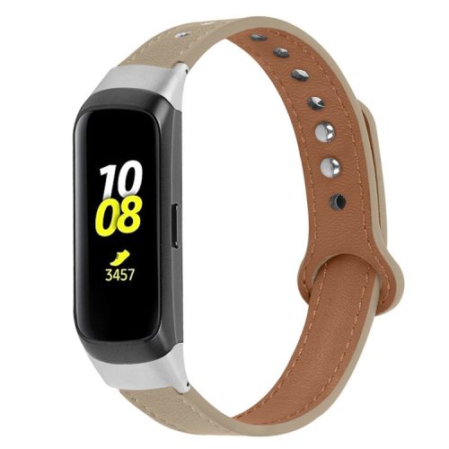 For Samsung Galaxy Fit SM-R370 Genuine Cowhide Leather Watch Band Wrist Strap with Double Snap Button, Silver Connector - Milk Tea Brown