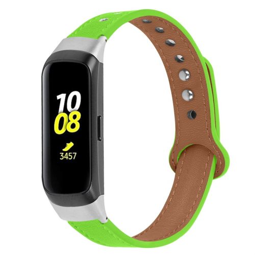 For Samsung Galaxy Fit SM-R370 Genuine Cowhide Leather Watch Band Wrist Strap with Double Snap Button, Silver Connector - Fluorescent Green