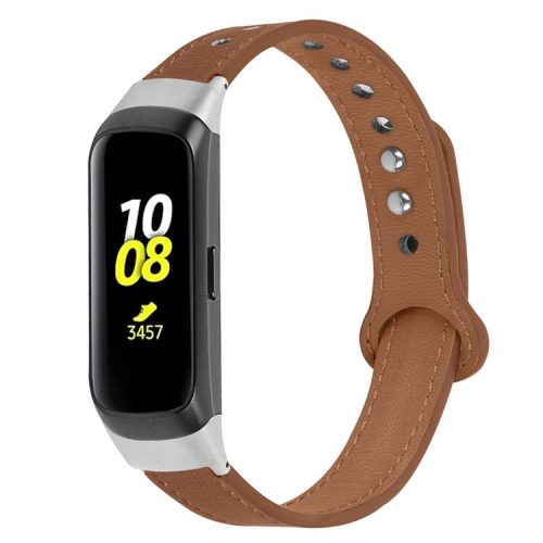 For Samsung Galaxy Fit SM-R370 Genuine Cowhide Leather Watch Band Wrist Strap with Double Snap Button, Silver Connector - Brown