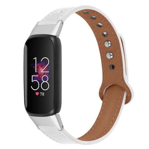 Replacement Wrist Band for Fitbit Luxe Smart Watch Adjustable Top Layer Cowhide Strap with Double Rivet, Silver Connector - White