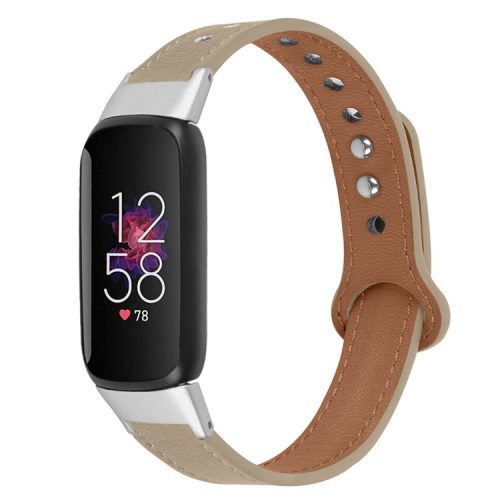 Replacement Wrist Band for Fitbit Luxe Smart Watch Adjustable Top Layer Cowhide Strap with Double Rivet, Silver Connector - Light Brown