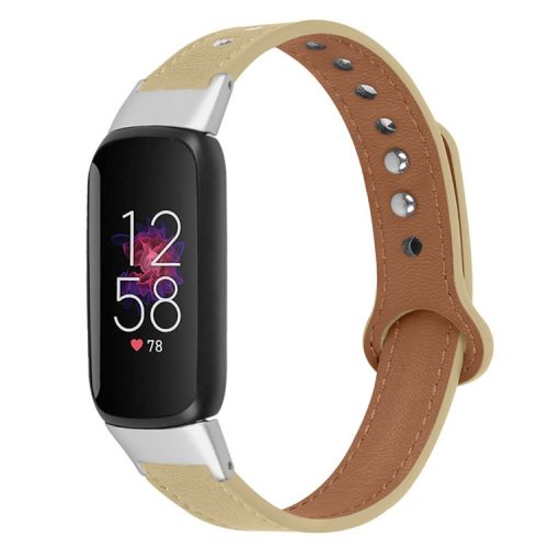 Replacement Wrist Band for Fitbit Luxe Smart Watch Adjustable Top Layer Cowhide Strap with Double Rivet, Silver Connector - Light Apricot