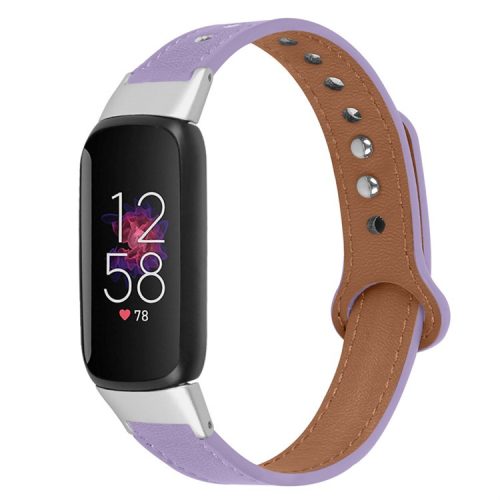 Replacement Wrist Band for Fitbit Luxe Smart Watch Adjustable Top Layer Cowhide Strap with Double Rivet, Silver Connector - Light Purple