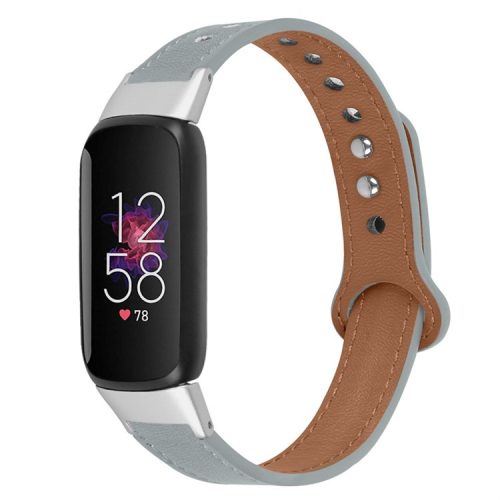 Replacement Wrist Band for Fitbit Luxe Smart Watch Adjustable Top Layer Cowhide Strap with Double Rivet, Silver Connector - Grey