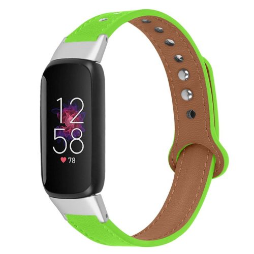 Replacement Wrist Band for Fitbit Luxe Smart Watch Adjustable Top Layer Cowhide Strap with Double Rivet, Silver Connector - Fluorescent Green