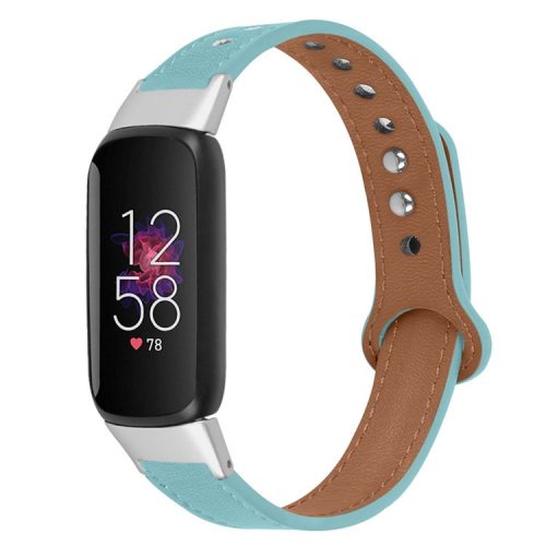 Replacement Wrist Band for Fitbit Luxe Smart Watch Adjustable Top Layer Cowhide Strap with Double Rivet, Silver Connector - Blue