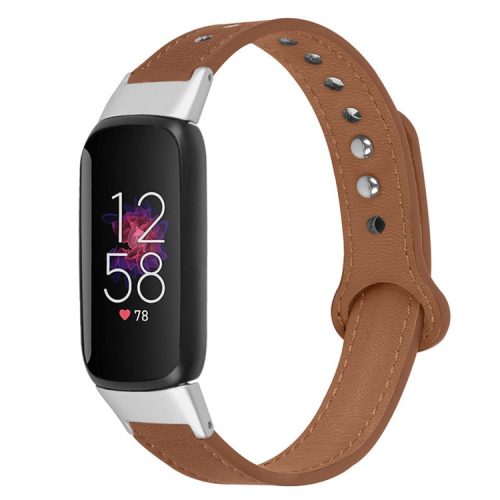 Replacement Wrist Band for Fitbit Luxe Smart Watch Adjustable Top Layer Cowhide Strap with Double Rivet, Silver Connector - Brown