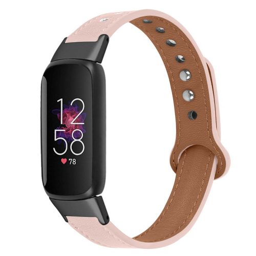 For Fitbit Luxe Soft Top Layer Cowhide Watch Strap Replacement Wrist Band with Double Rivet, Black Connector - Light Pink