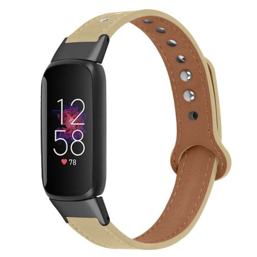 For Fitbit Luxe Soft Top Layer Cowhide Watch Strap Replacement Wrist Band with Double Rivet, Black Connector - Light Apricot