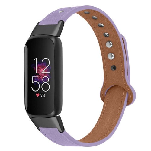 For Fitbit Luxe Soft Top Layer Cowhide Watch Strap Replacement Wrist Band with Double Rivet, Black Connector - Light Purple