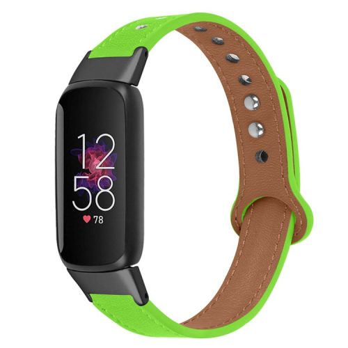 For Fitbit Luxe Soft Top Layer Cowhide Watch Strap Replacement Wrist Band with Double Rivet, Black Connector - Fluorescent Green