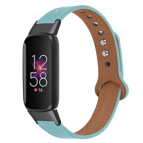 For Fitbit Luxe Soft Top Layer Cowhide Watch Strap Replacement Wrist Band with Double Rivet, Black Connector - Blue