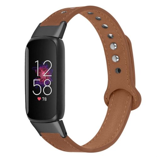 For Fitbit Luxe Soft Top Layer Cowhide Watch Strap Replacement Wrist Band with Double Rivet, Black Connector - Brown