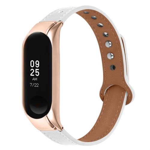 For Xiaomi Mi Band 5 / 6 Smart Watch Top Layer Cowhide Strap Replacement Wrist Band with Double Rivet, Rose Gold Watch Case - White