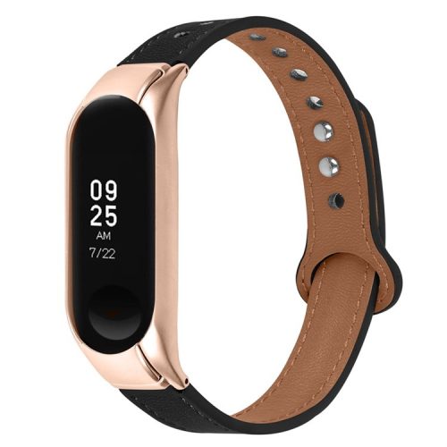 For Xiaomi Mi Band 5 / 6 Smart Watch Top Layer Cowhide Strap Replacement Wrist Band with Double Rivet, Rose Gold Watch Case - Black