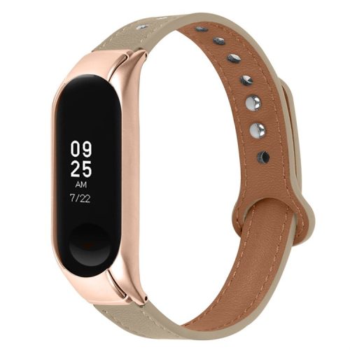 For Xiaomi Mi Band 5 / 6 Smart Watch Top Layer Cowhide Strap Replacement Wrist Band with Double Rivet, Rose Gold Watch Case - Light Brown