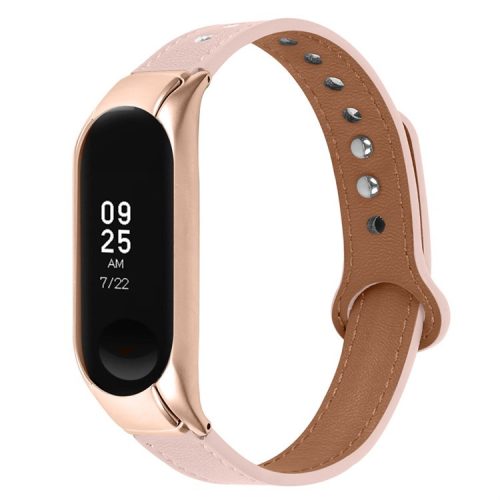 For Xiaomi Mi Band 5 / 6 Smart Watch Top Layer Cowhide Strap Replacement Wrist Band with Double Rivet, Rose Gold Watch Case - Light Pink