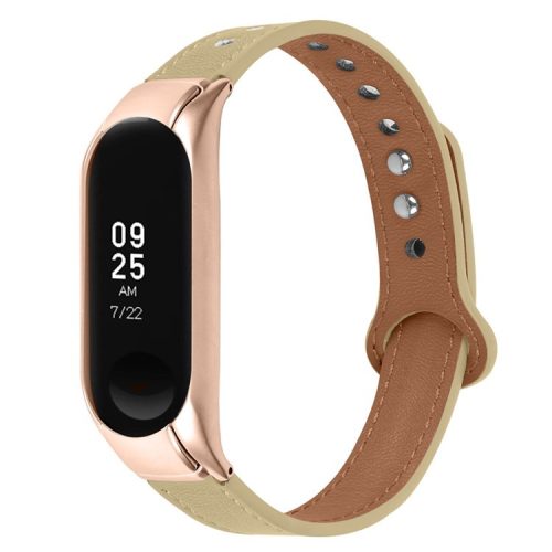 For Xiaomi Mi Band 5 / 6 Smart Watch Top Layer Cowhide Strap Replacement Wrist Band with Double Rivet, Rose Gold Watch Case - Light Apricot