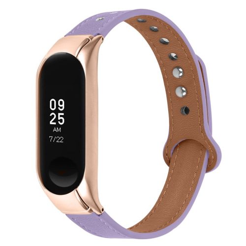 For Xiaomi Mi Band 5 / 6 Smart Watch Top Layer Cowhide Strap Replacement Wrist Band with Double Rivet, Rose Gold Watch Case - Light Purple